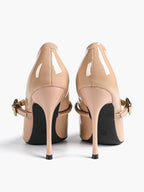 Elegant Nude Patent Pointed Stiletto Heels | Leather Strap with Gold Buckle ISHIFIVAN