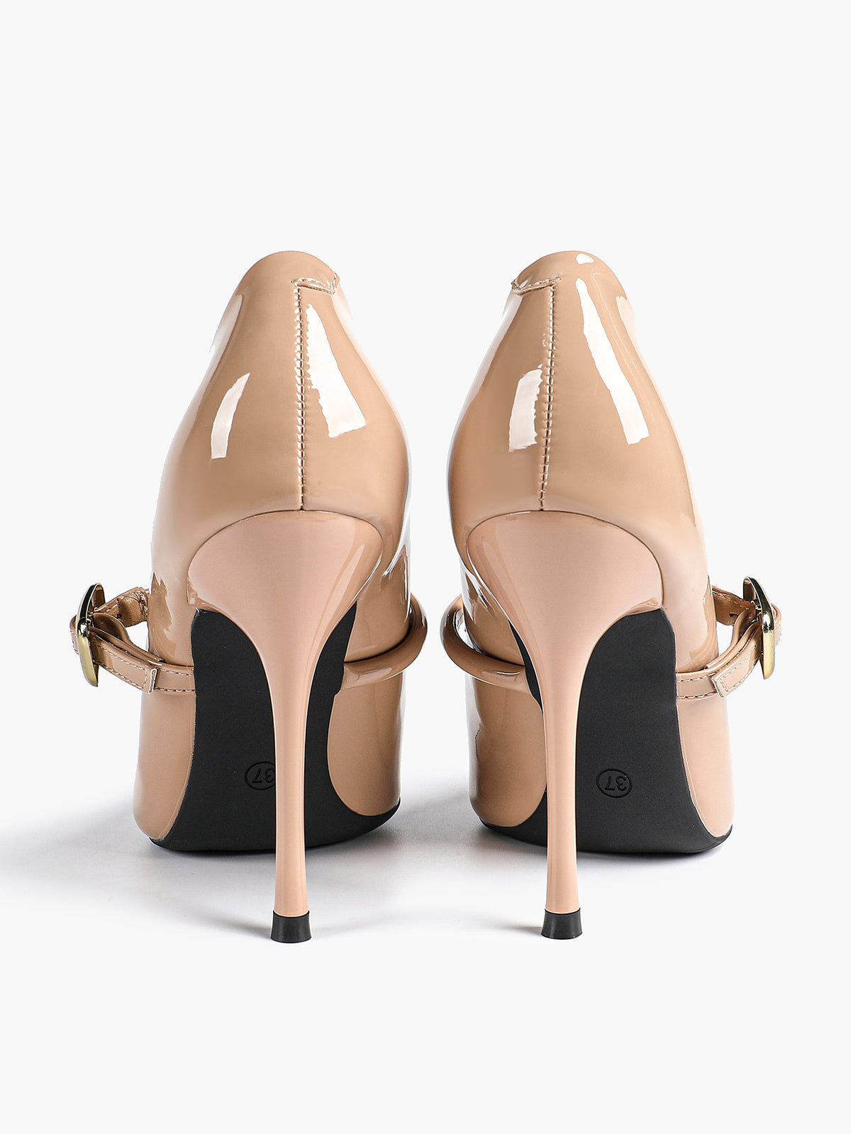Elegant Nude Patent Pointed Stiletto Heels | Leather Strap with Gold Buckle ISHIFIVAN