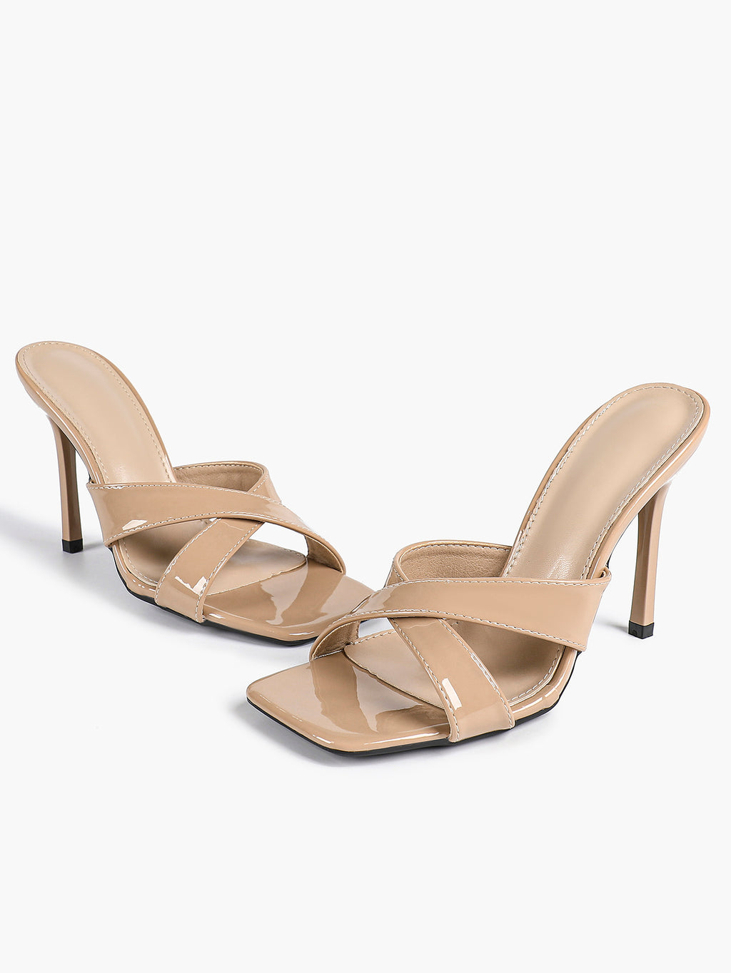 Women's Patent Leather Crisscross Strap High Heel Mules Square Toe Slip-On Stiletto Sandals