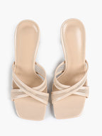 Mesh Panel Square Toe Heeled Mules Slide Sandals Party Clubwear