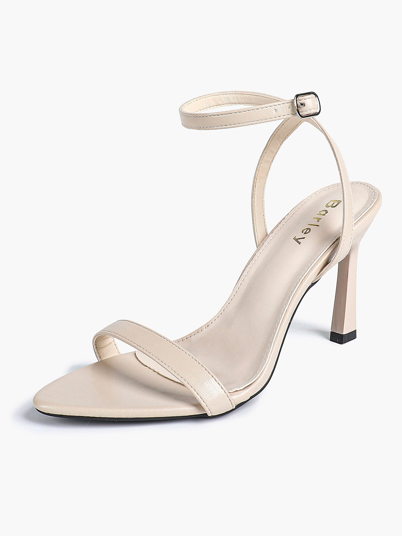 Black Leather Square Toe Ankle Strap High Heel Sandals