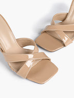 Women's Patent Leather Crisscross Strap High Heel Mules Square Toe Slip-On Stiletto Sandals