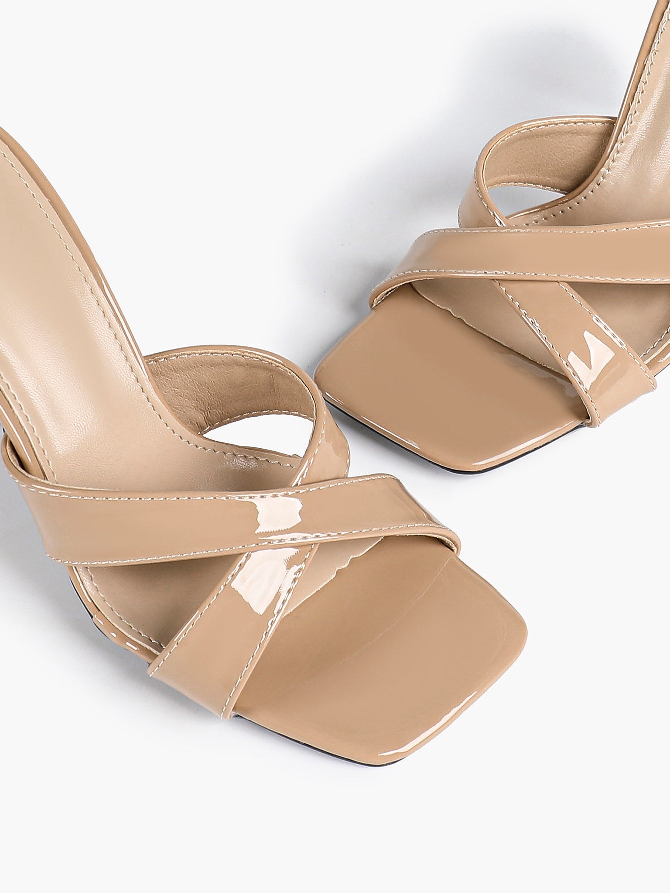 Women's Patent Leather Crisscross Strap High Heel Mules Square Toe Slip-On Stiletto Sandals