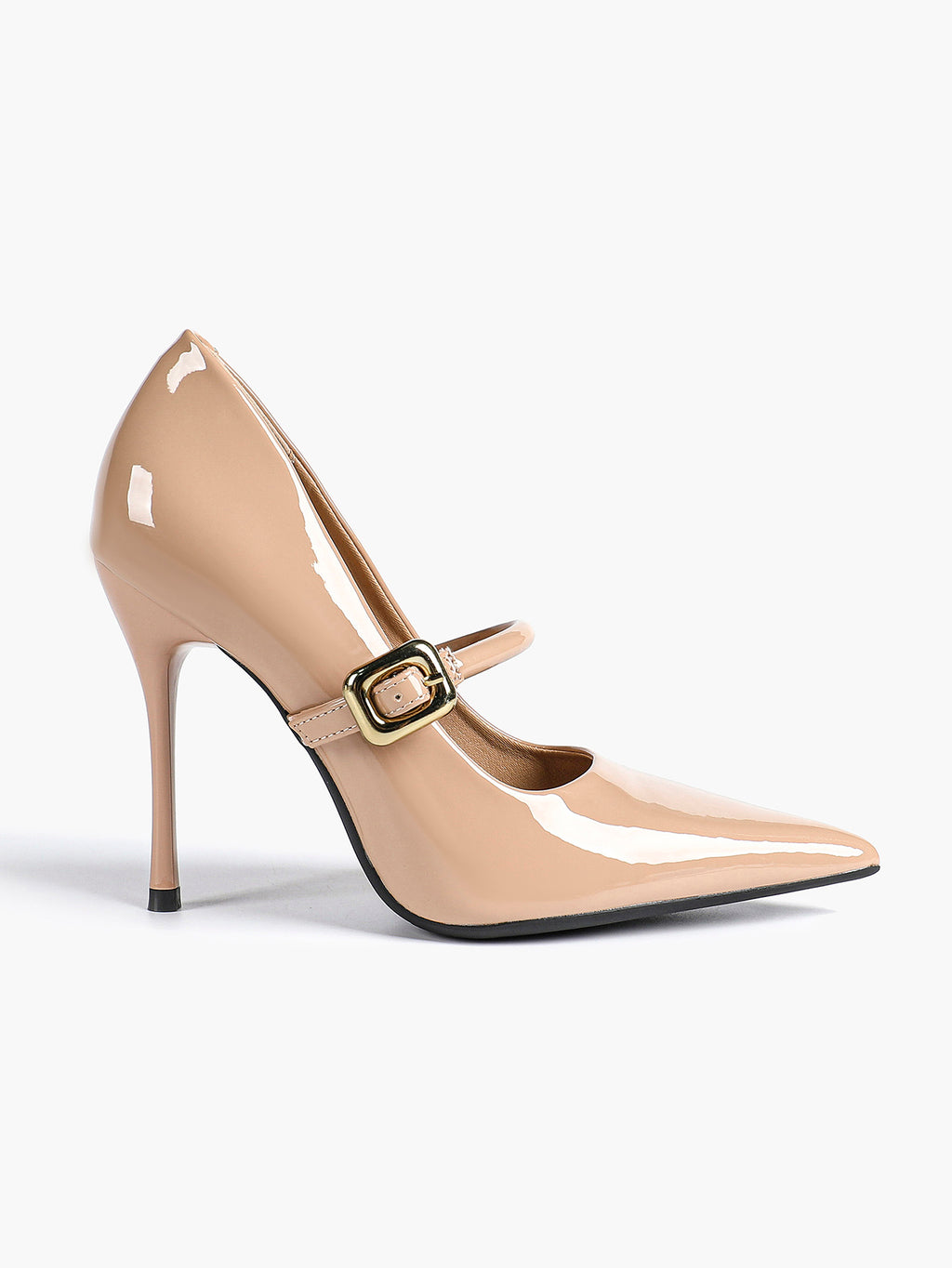 Elegant Nude Patent Pointed Stiletto Heels | Leather Strap with Gold Buckle ISHIFIVAN