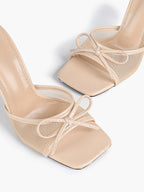 Pink Mesh Panel Bow Square Toe Heeled Mules Stiletto Slide Sandals Party Daily Wear