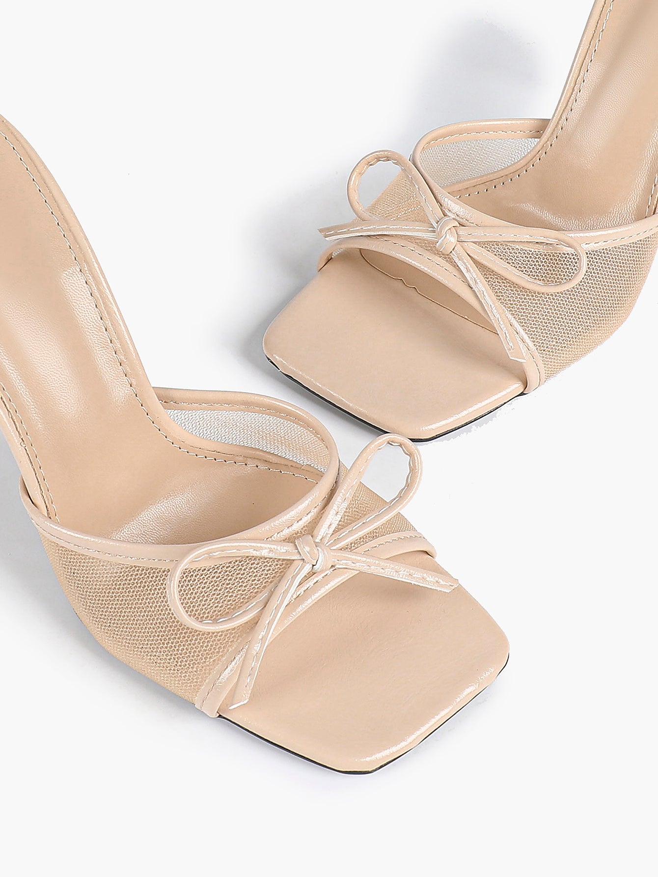 Pink Mesh Panel Bow Square Toe Heeled Mules Stiletto Slide Sandals Party Daily Wear