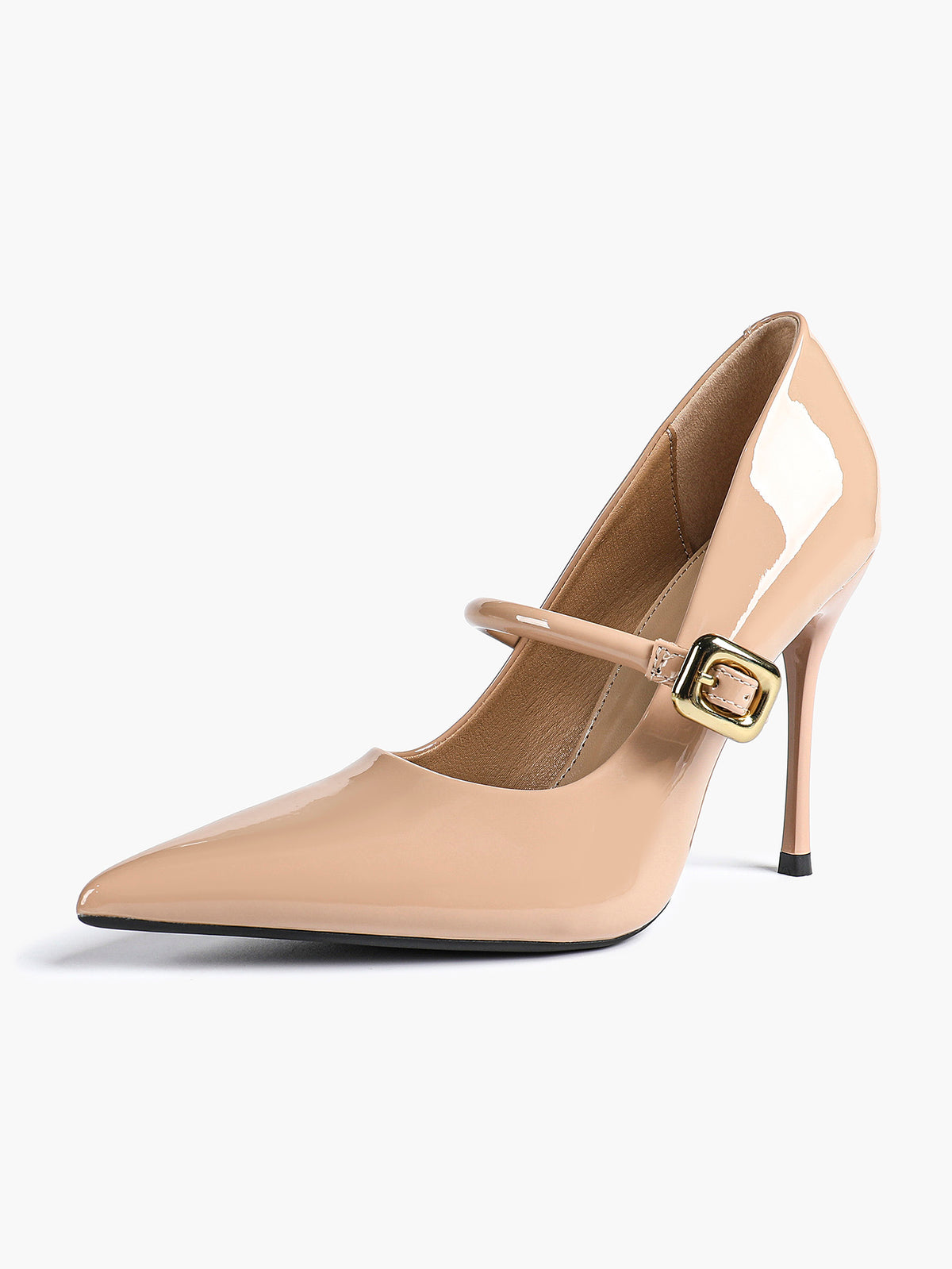 Elegant Nude Patent Pointed Stiletto Heels | Leather Strap with Gold Buckle ISHIFIVAN