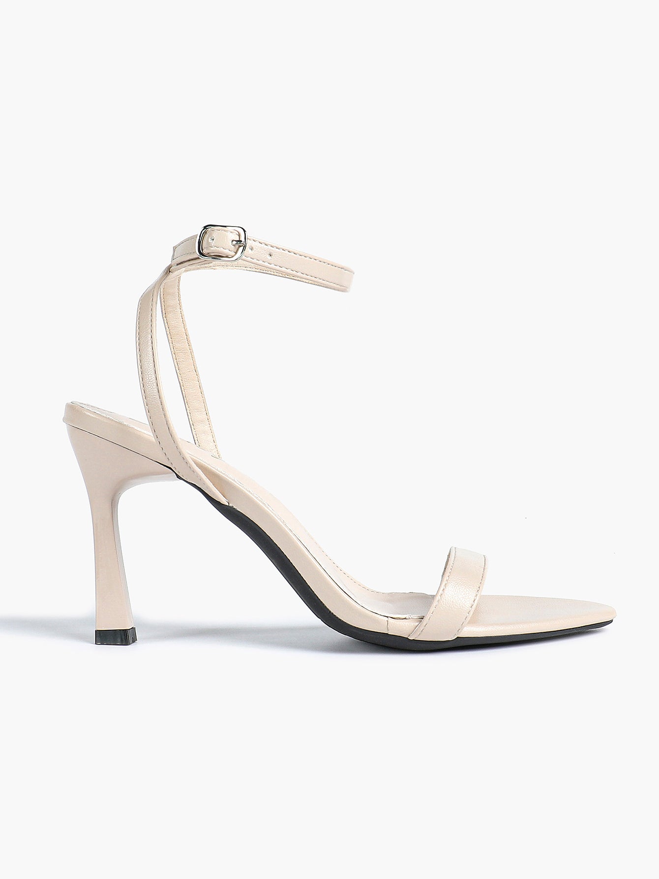 Black Leather Square Toe Ankle Strap High Heel Sandals