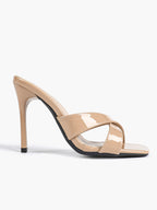 Women's Patent Leather Crisscross Strap High Heel Mules Square Toe Slip-On Stiletto Sandals