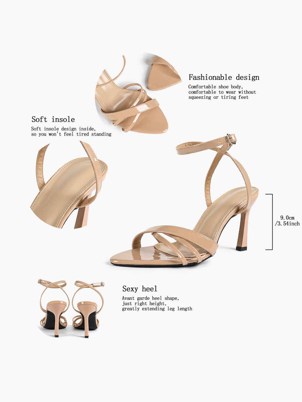 Women's Black Patent Leather Multi-Strap Ankle Strap Heeled Sandals - Summer Party Heels