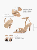 Women's Black Patent Leather Multi-Strap Ankle Strap Heeled Sandals - Summer Party Heels