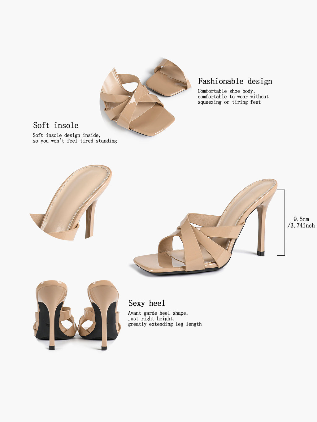 Patent Leather Crisscross Strap High Heel Mules Square Toe Slip-On Daily Wear