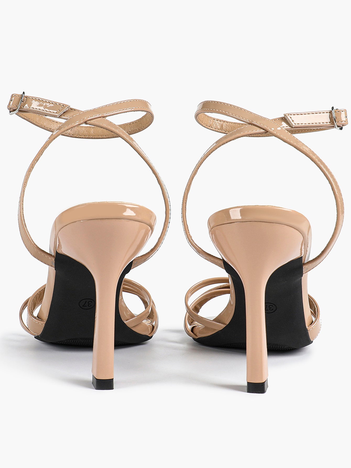 Women's Black Patent Leather Multi-Strap Ankle Strap Heeled Sandals - Summer Party Heels