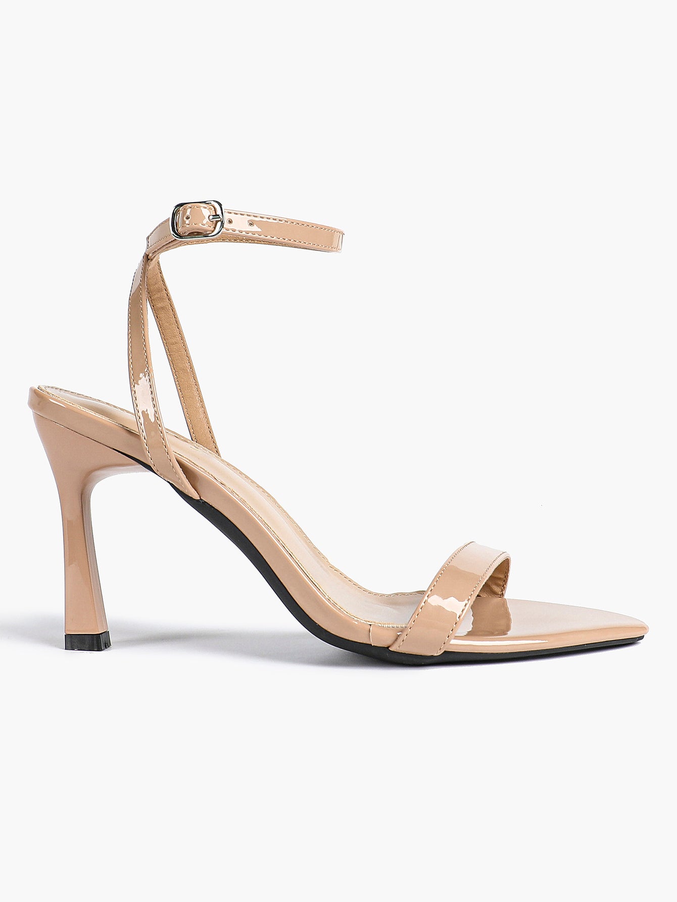 Black Leather Square Toe Ankle Strap High Heel Sandals