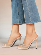 Women's Pink Mesh Panel Heel Mules Square Toe Slip-On Stiletto Sandals Party Date Shoes