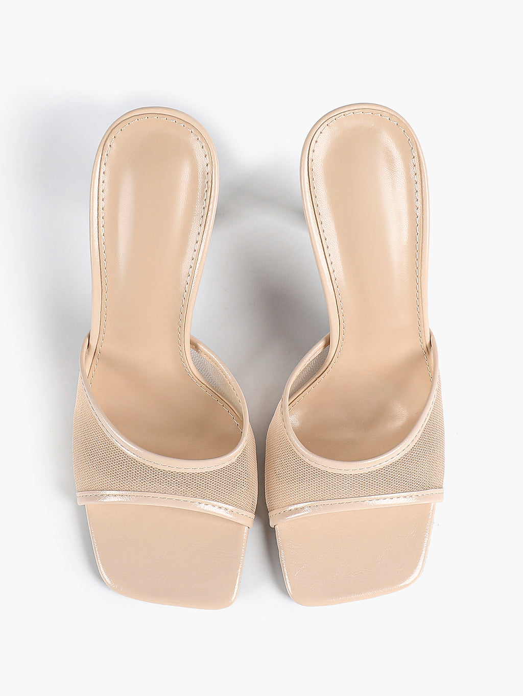 Women's Pink Mesh Panel Heel Mules Square Toe Slip-On Stiletto Sandals Party Date Shoes