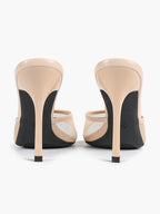 Women's Pink Mesh Panel Heel Mules Square Toe Slip-On Stiletto Sandals Party Date Shoes