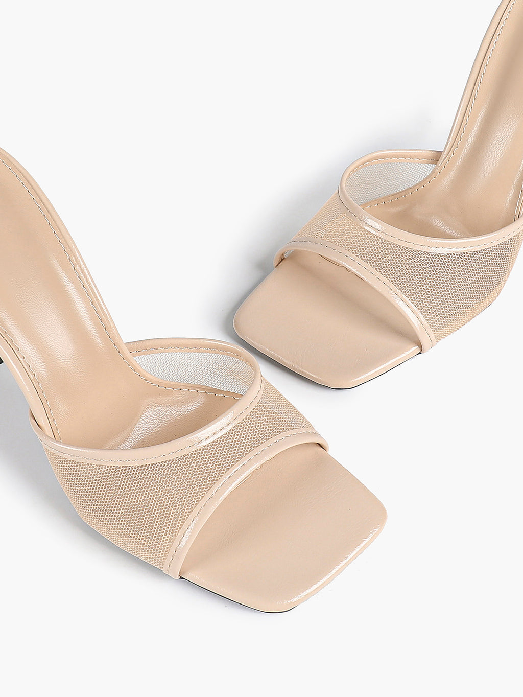Women's Pink Mesh Panel Heel Mules Square Toe Slip-On Stiletto Sandals Party Date Shoes