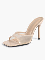 Women's Pink Mesh Panel Heel Mules Square Toe Slip-On Stiletto Sandals Party Date Shoes
