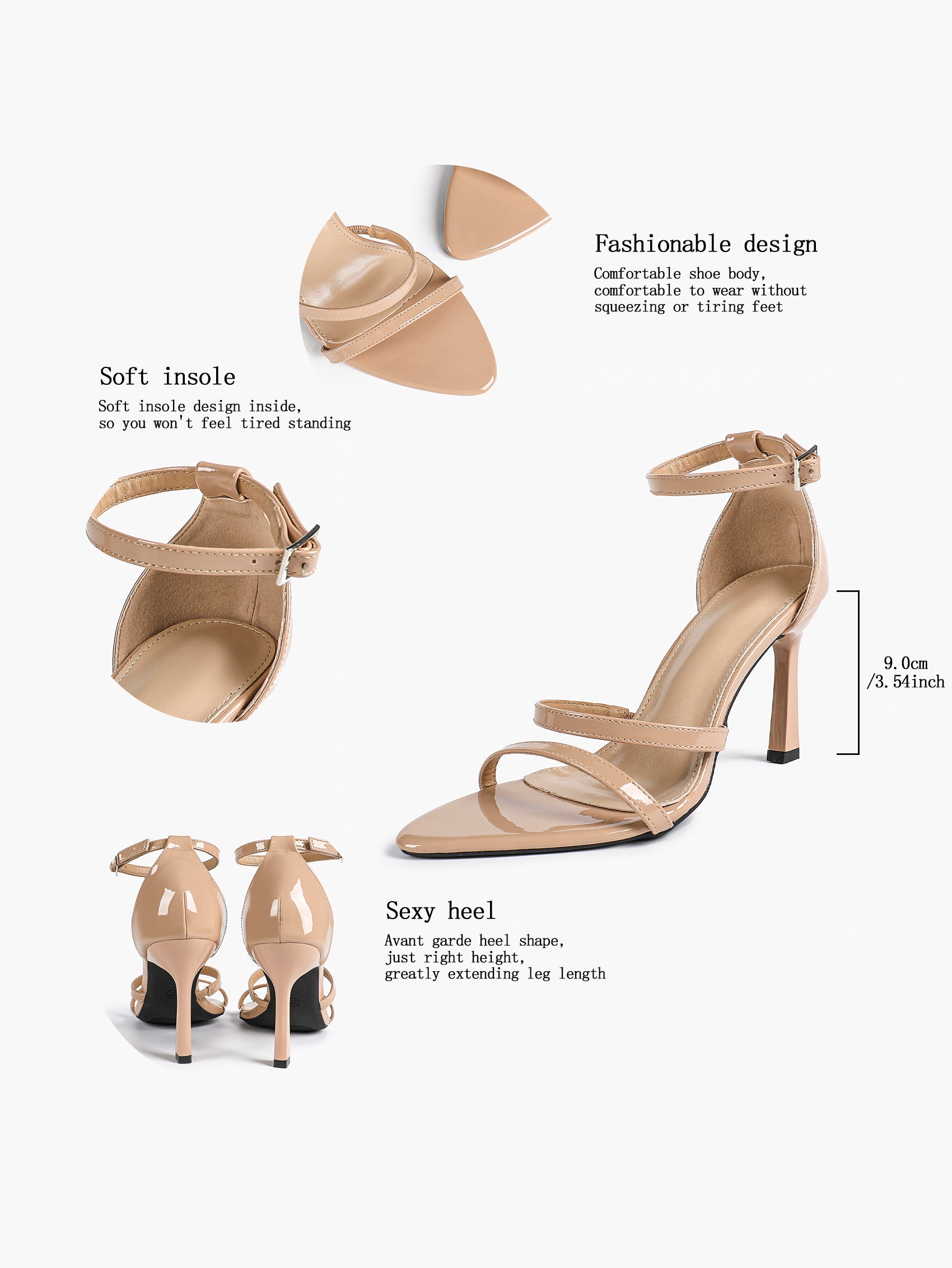 Black Leather Double Strap Heeled Sandals Open Toe - Casual Office Stiletto Pumps