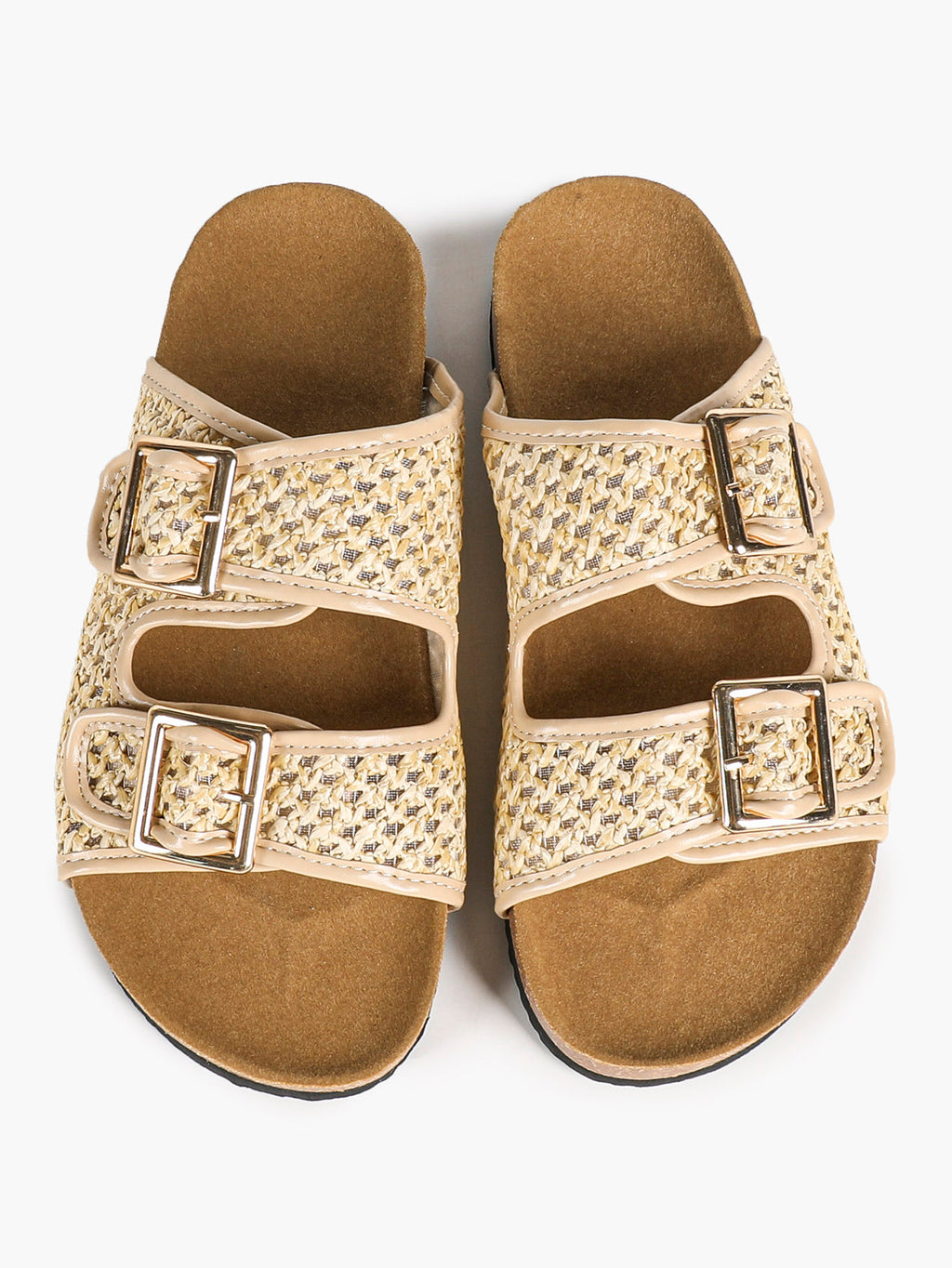 Cream Woven Double-Strap Platform Slides with Gold-Tone Hardware