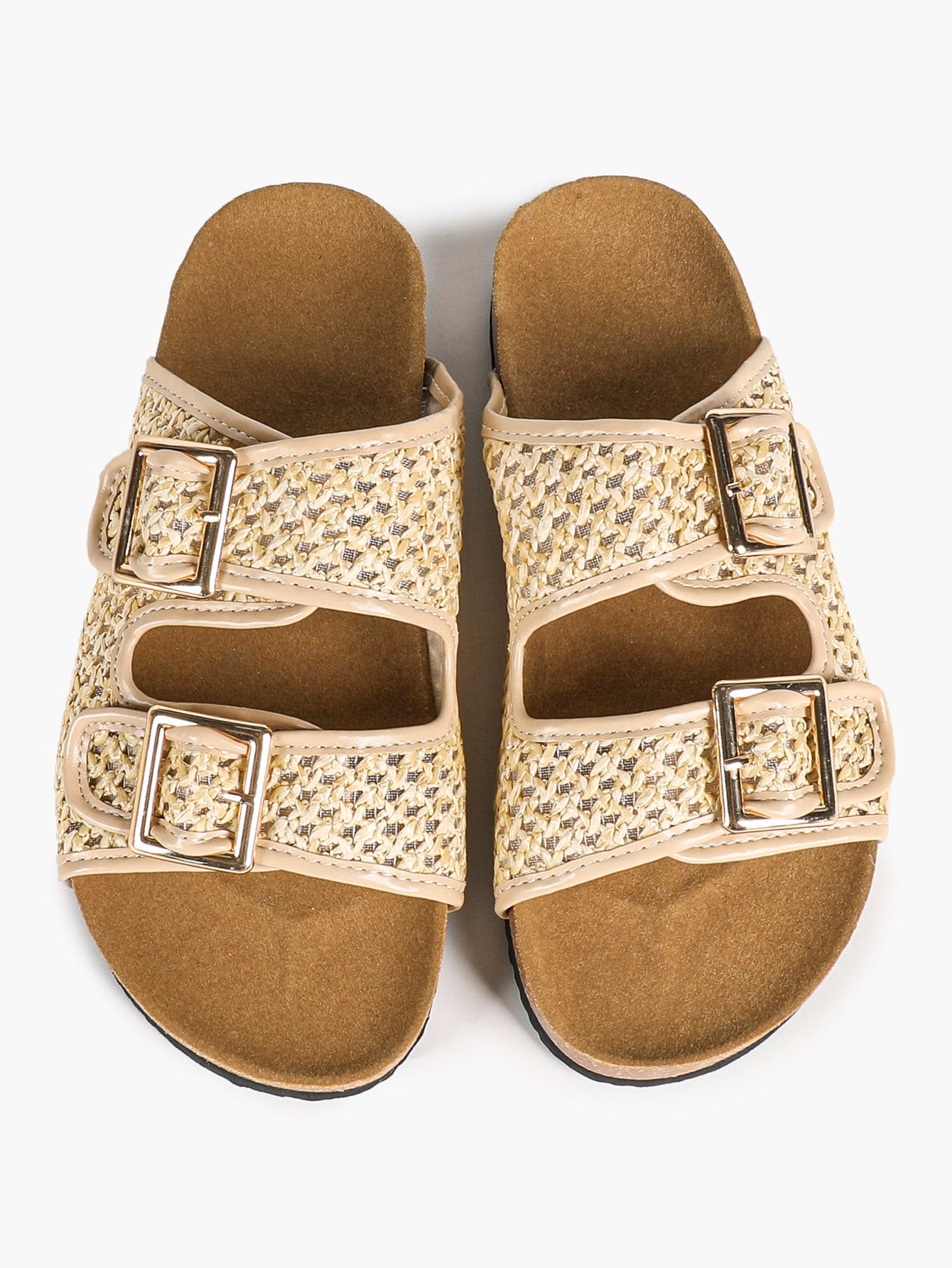 Cream Woven Double-Strap Platform Slides with Gold-Tone Hardware