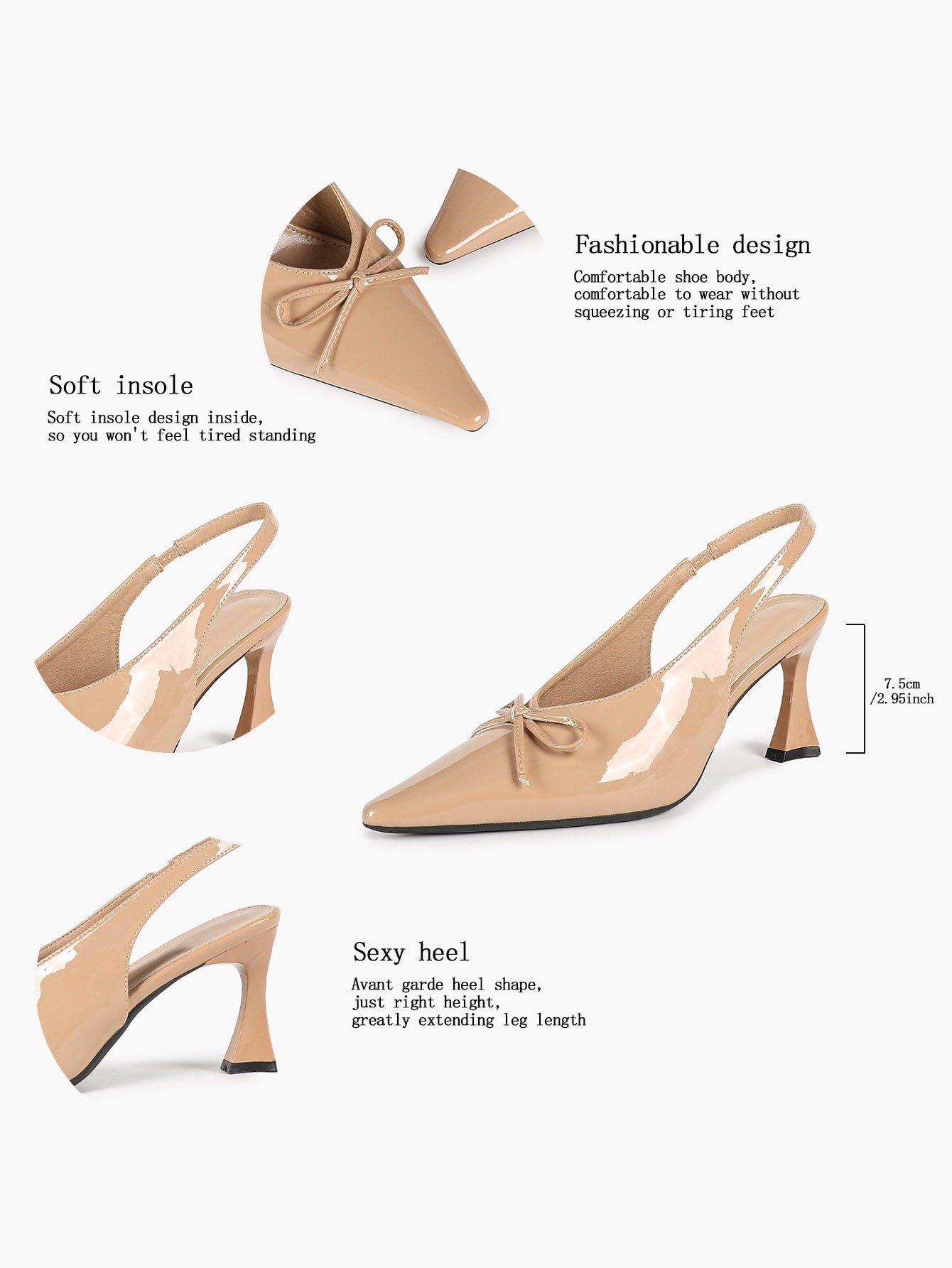 The Parisian Bow: Nude Patent Slingback Heels with a Flared 2.95" Heel