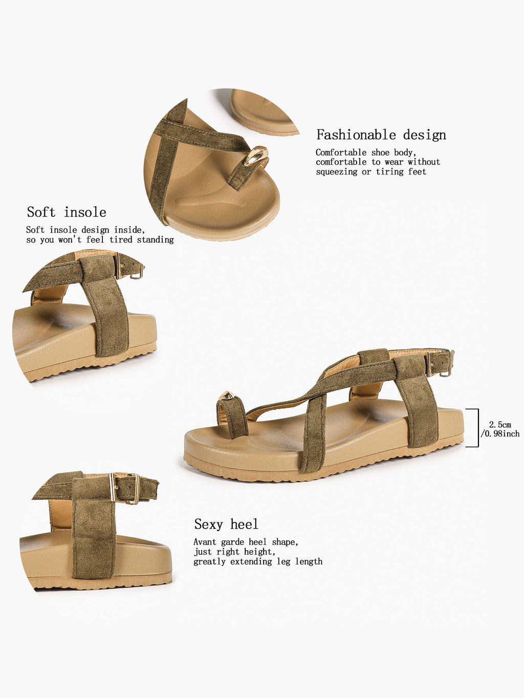 Olive Suede Crisscross Strap Sandals with Gold-Tone Hardware