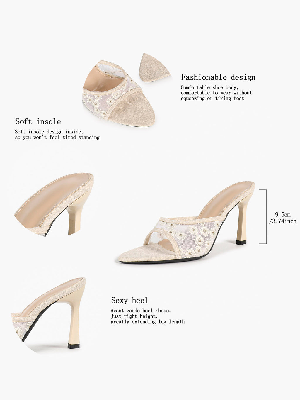 Pink Lace Embroidered Pointed Toe Mule Heels Slip-On Wide Strap Block Heels with Soft Insole