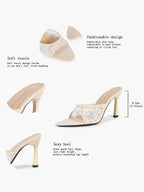 Pink Lace Embroidered Pointed Toe Mule Heels Slip-On Wide Strap Block Heels with Soft Insole