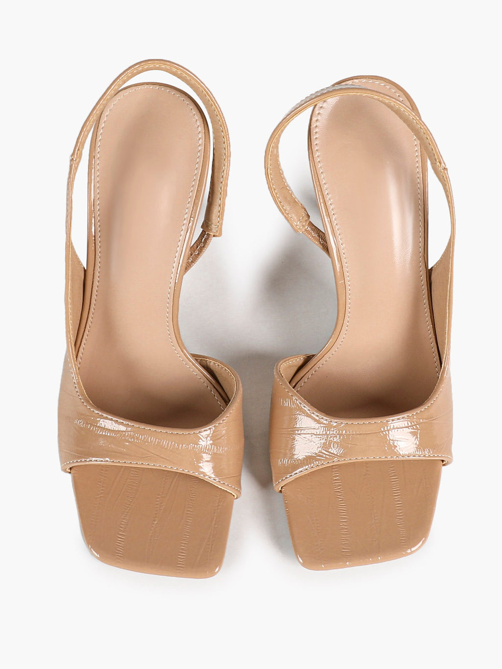 Beige Croc-Embossed Patent Leather Square Toe Slingback Stilettos High Heels with Soft Insole