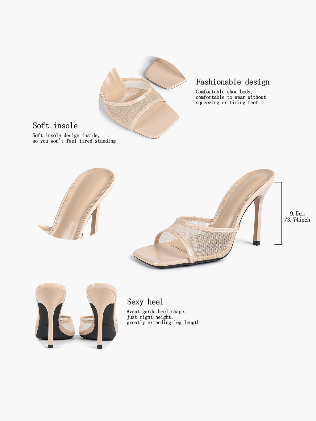 Women's Pink Mesh Panel Heel Mules Square Toe Slip-On Stiletto Sandals Party Date Shoes