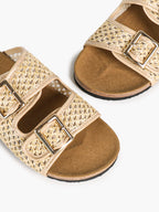 Cream Woven Double-Strap Platform Slides with Gold-Tone Hardware