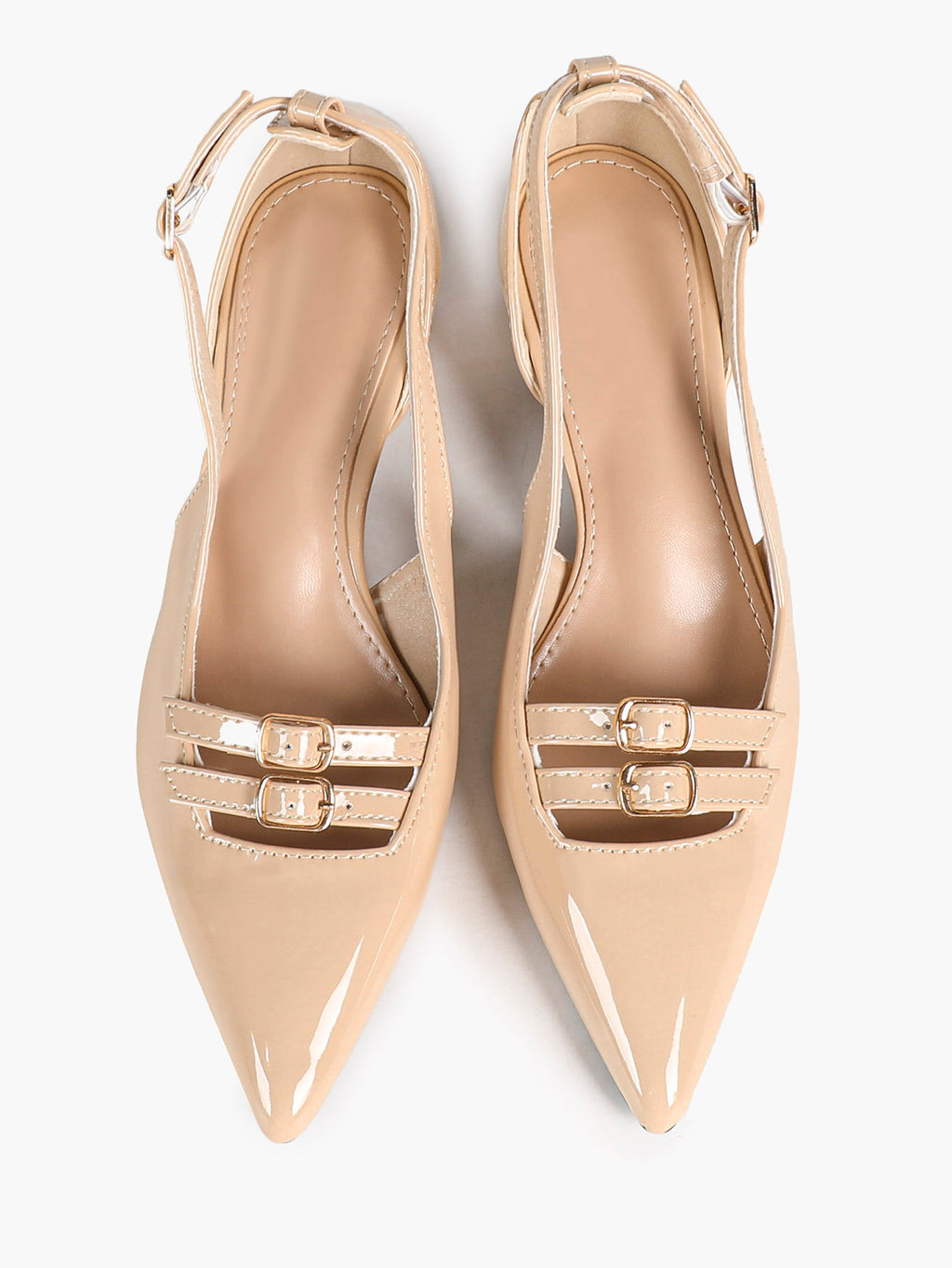 Nude Patent Pointed-Toe Slingback Pumps with Double Buckle Straps and Block Heel