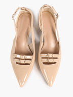Nude Patent Pointed-Toe Slingback Pumps with Double Buckle Straps and Block Heel