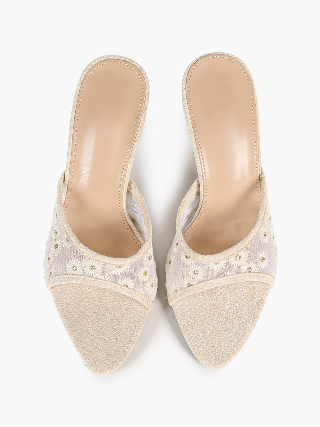 Pink Lace Embroidered Pointed Toe Mule Heels Slip-On Wide Strap Block Heels with Soft Insole