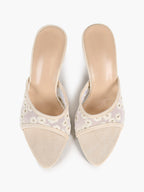 Pink Lace Embroidered Pointed Toe Mule Heels Slip-On Wide Strap Block Heels with Soft Insole