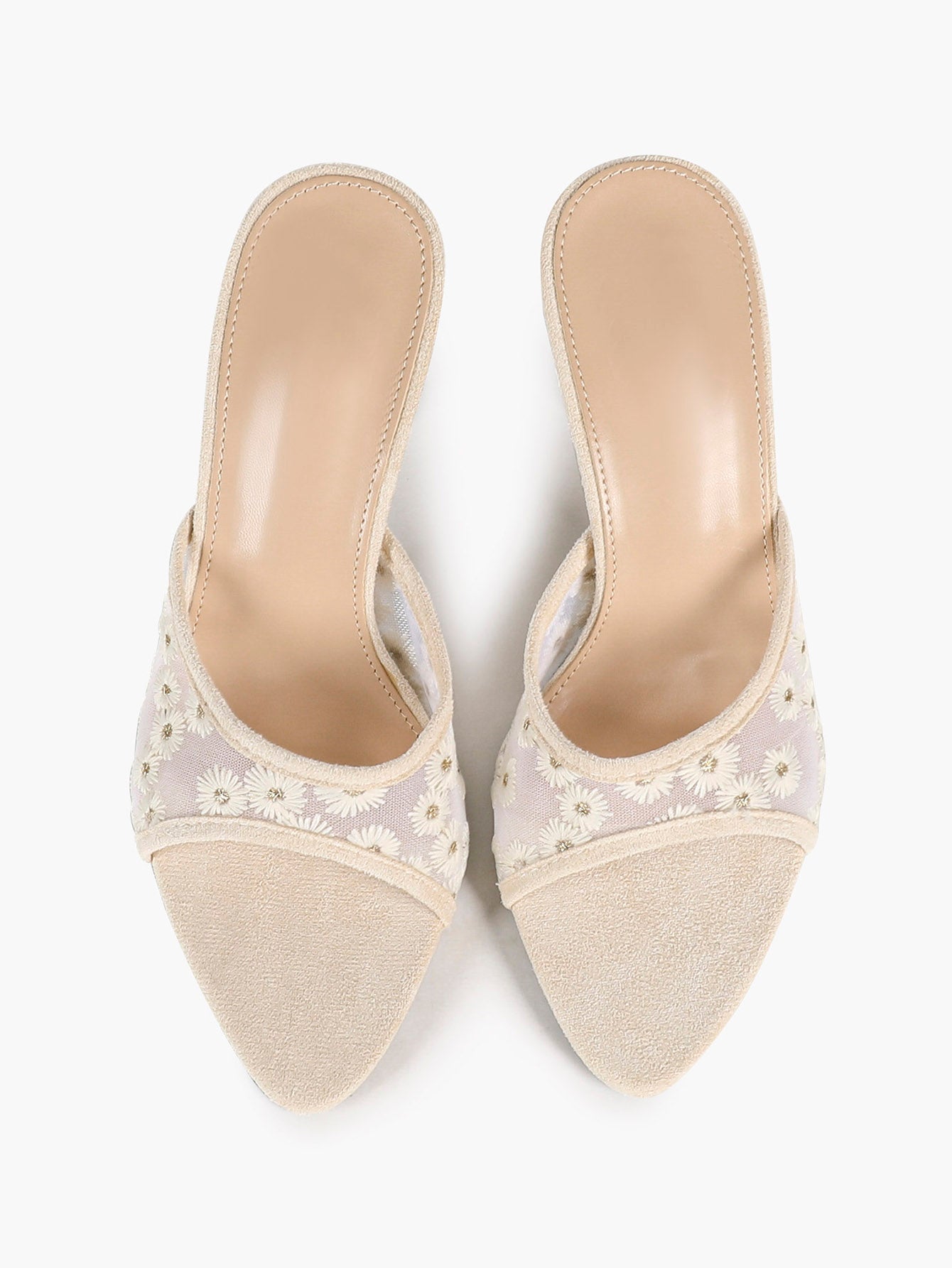 Pink Lace Embroidered Pointed Toe Mule Heels Slip-On Wide Strap Block Heels with Soft Insole