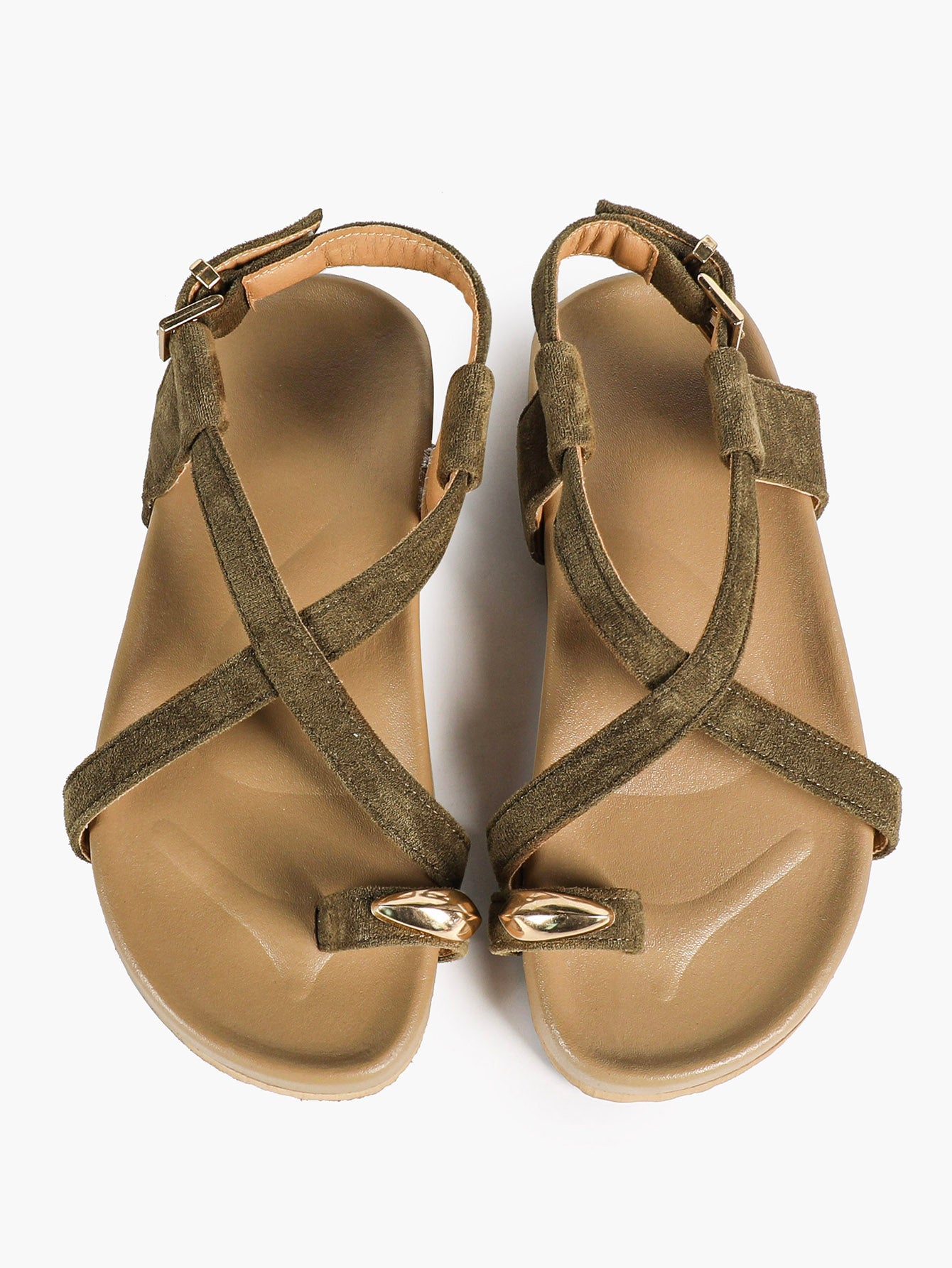 Olive Suede Crisscross Strap Sandals with Gold-Tone Hardware