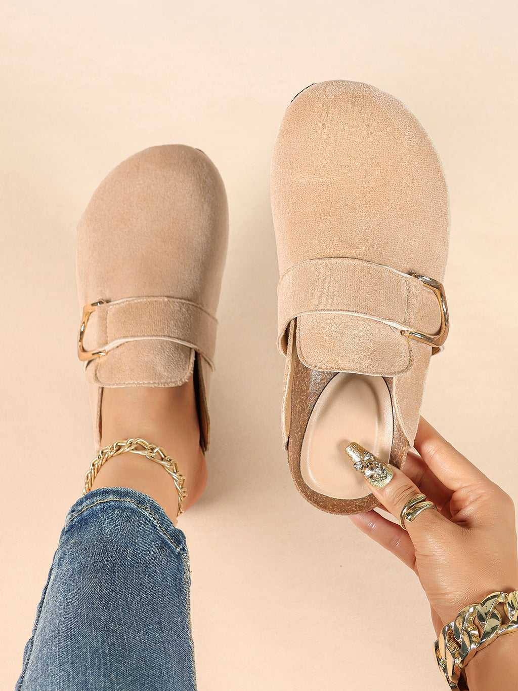 Beige Suede Slip-On Mules with Gold-Tone Arch Buckle and Cushioned Sole