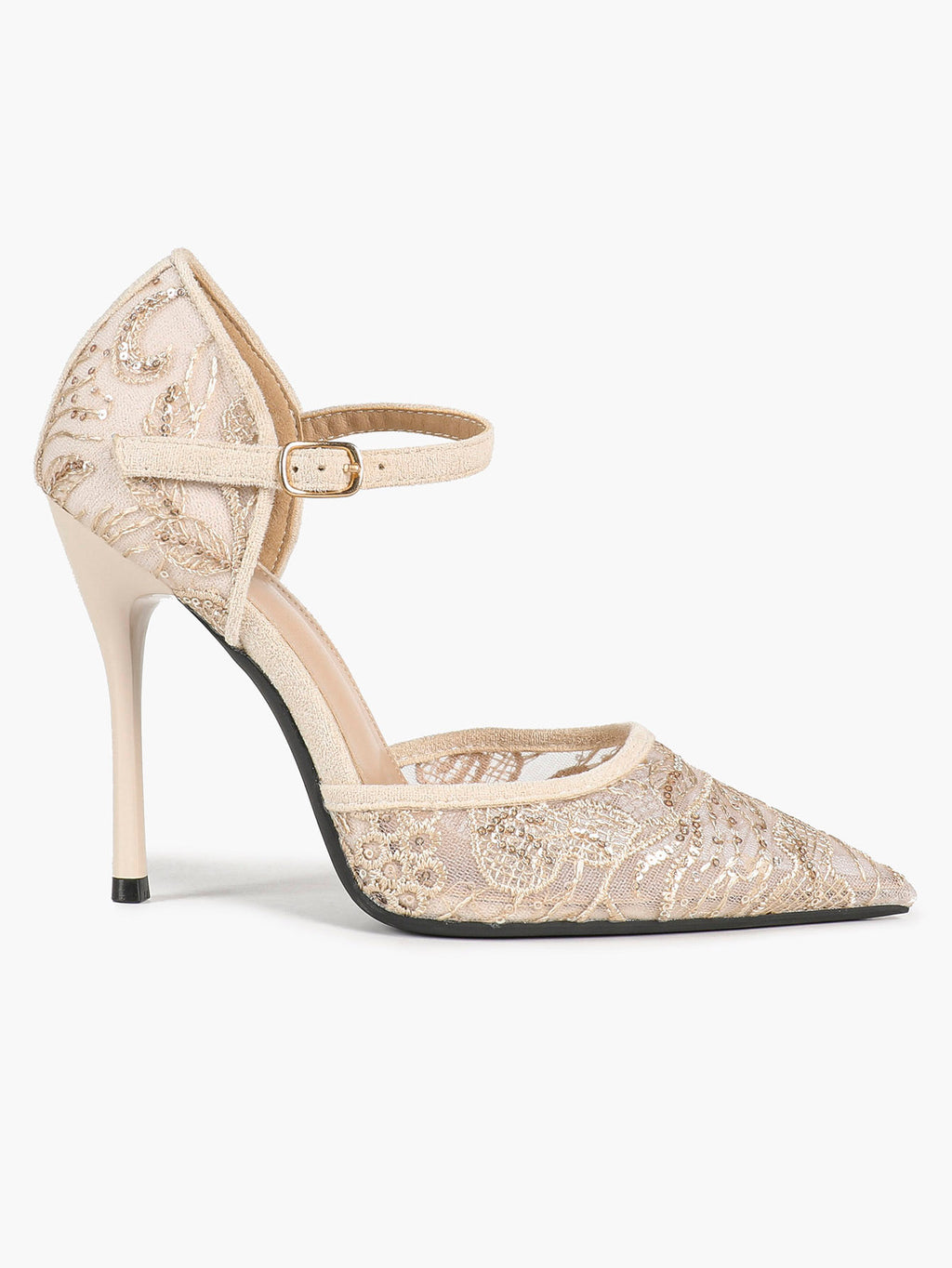 The Gilded Dream: Beige Sequin Mesh Stilettos for Elegant Evening Affairs