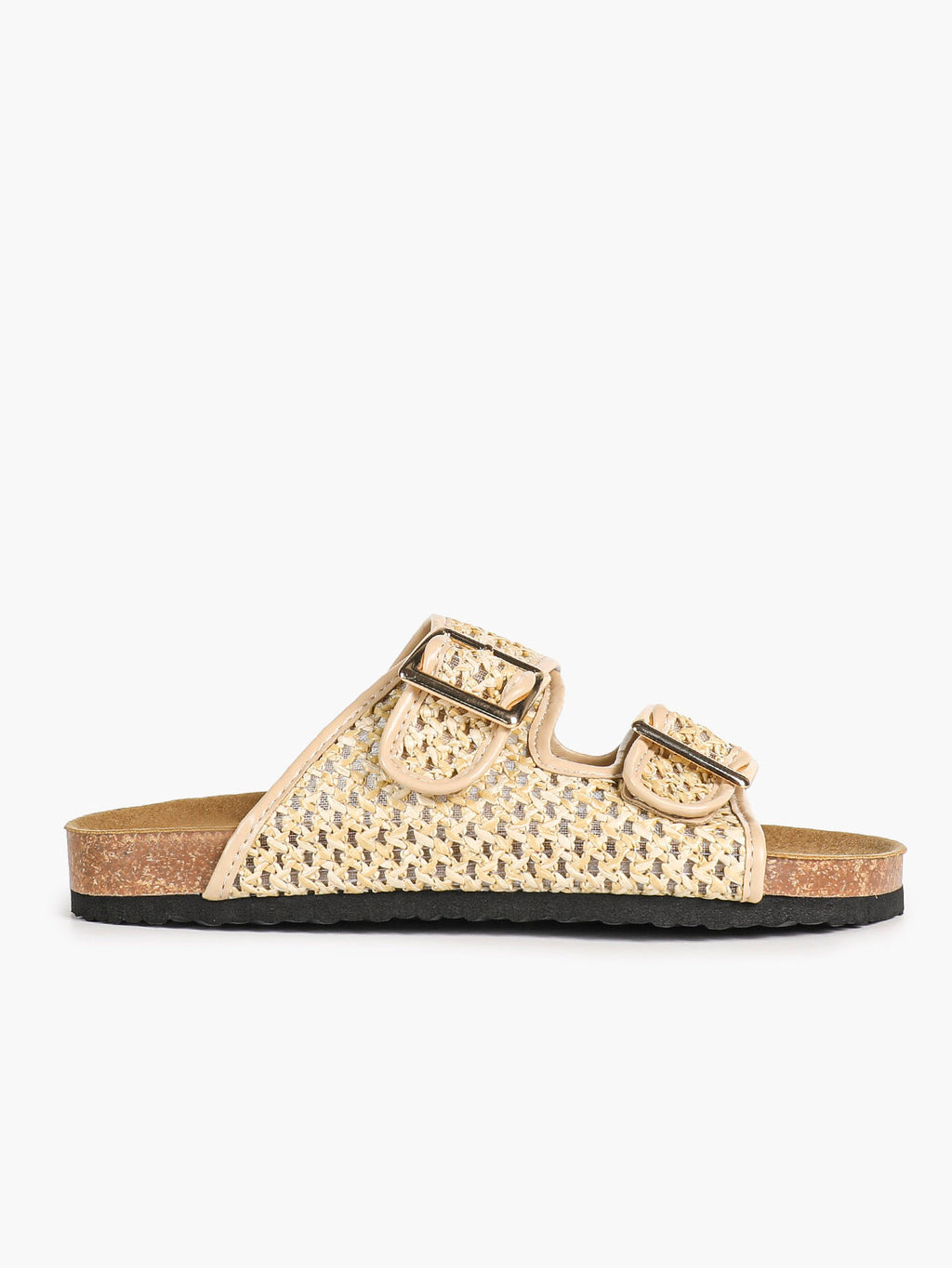 Cream Woven Double-Strap Platform Slides with Gold-Tone Hardware
