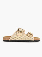 Cream Woven Double-Strap Platform Slides with Gold-Tone Hardware