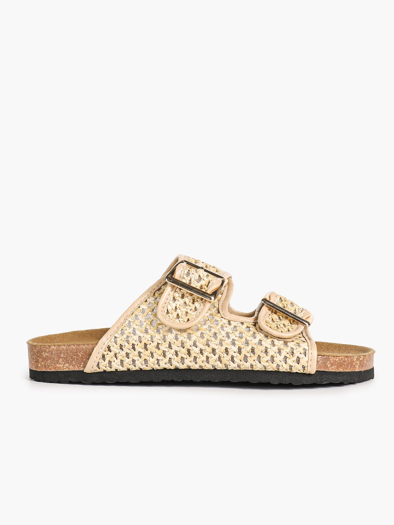Cream Woven Double-Strap Platform Slides with Gold-Tone Hardware