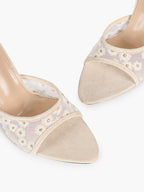 Pink Lace Embroidered Pointed Toe Mule Heels Slip-On Wide Strap Block Heels with Soft Insole