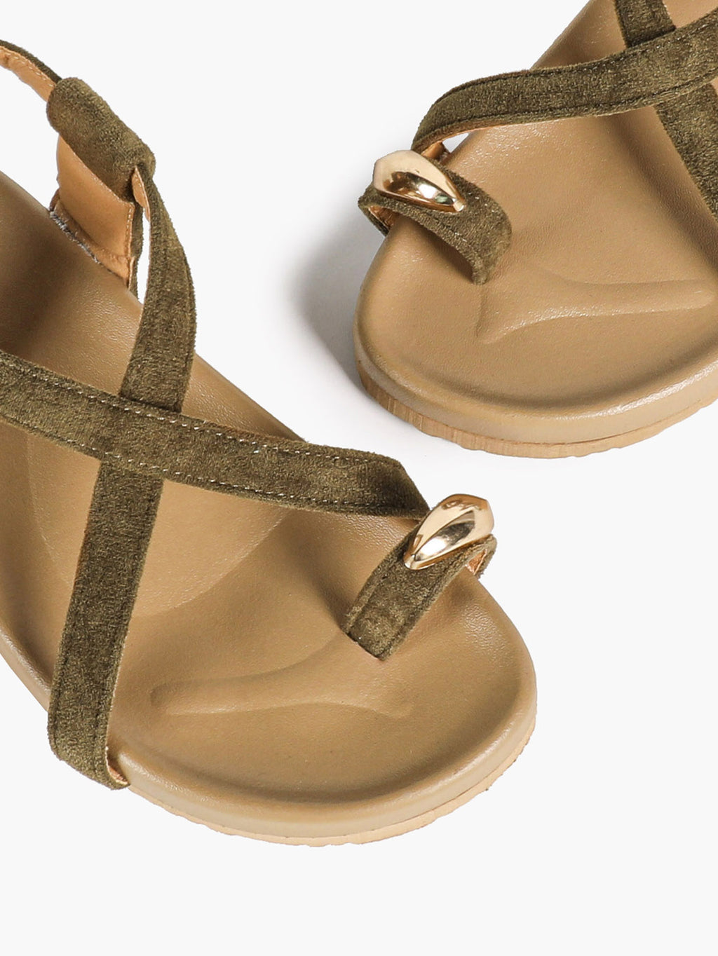 Olive Suede Crisscross Strap Sandals with Gold-Tone Hardware