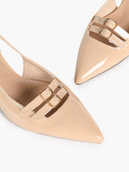 Nude Patent Pointed-Toe Slingback Pumps with Double Buckle Straps and Block Heel