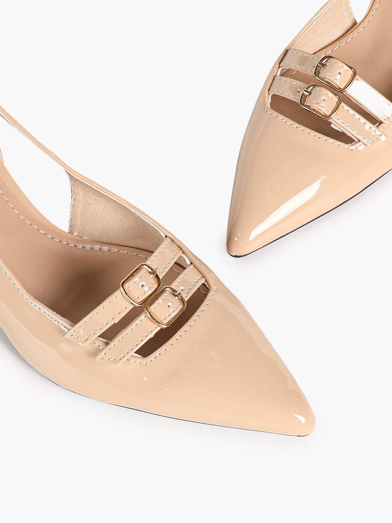 Nude Patent Pointed-Toe Slingback Pumps with Double Buckle Straps and Block Heel
