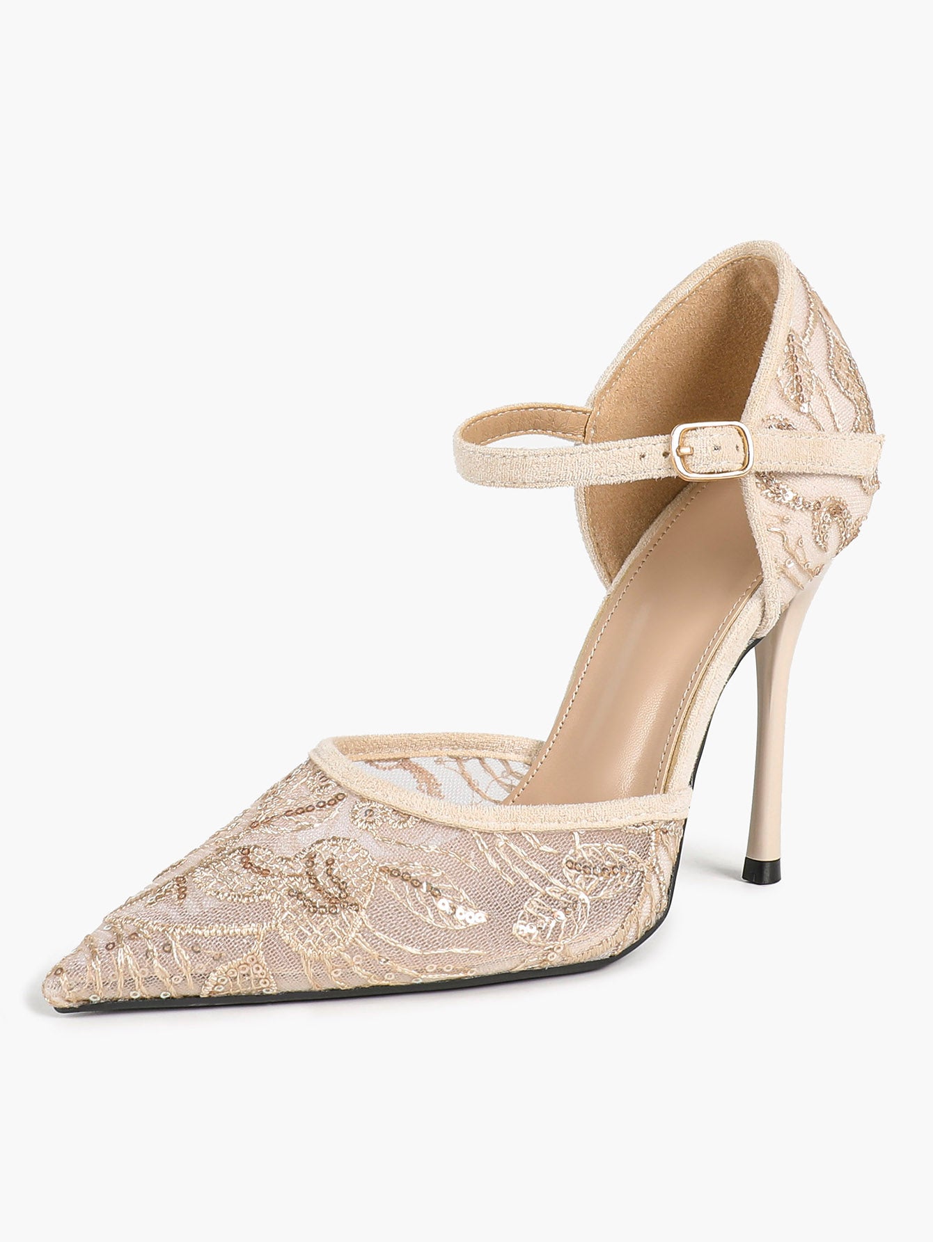 The Gilded Dream: Beige Sequin Mesh Stilettos for Elegant Evening Affairs