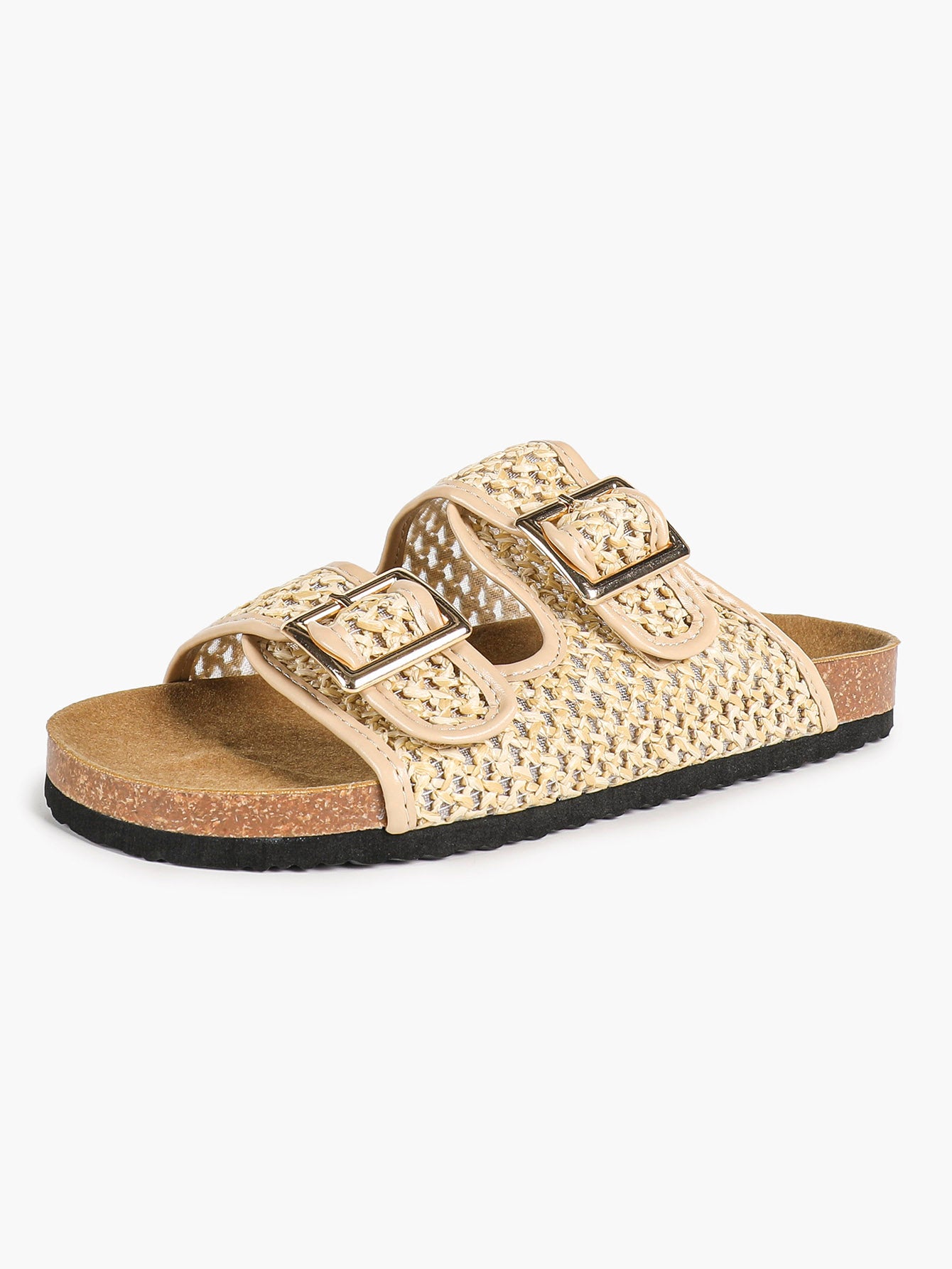 Cream Woven Double-Strap Platform Slides with Gold-Tone Hardware